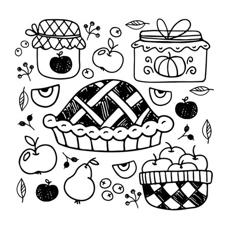 Collection of tea party elements sketches. Hand drawn tea vector icon. Teapot, cup, pie, apple jam. Autumn harvest. Cozy and warmのイラスト素材