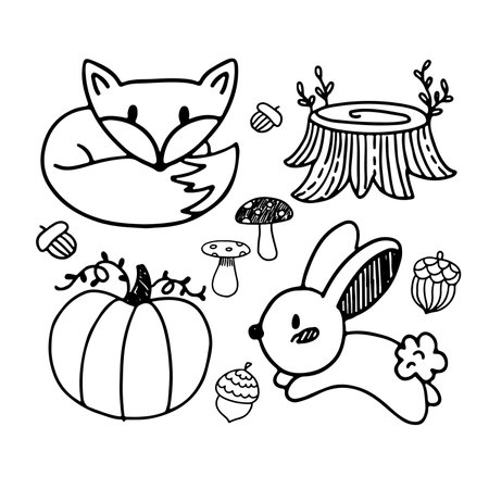 Nature hand drawn vector sketch. Collection of forest plants and animals. Mushroom, grass, hazelnuts, berries, fox, rabbit, pumpkinのイラスト素材