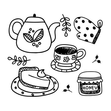 Collection of Doodle tea time elements. Hand drawn vector tea icon set. Teapots, cups, pie, apple, jam. Cozy and warmのイラスト素材