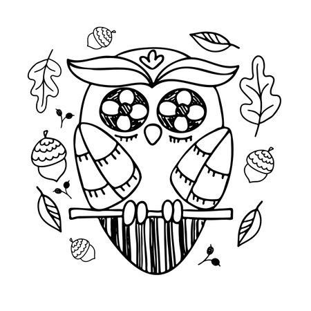 Decorative stylized hand-drawn owl. Owl outline, line drawing. Vector autumn illustration of owl and leavesのイラスト素材