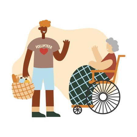A young volunteer caring for an elderly retired woman in a wheelchair helps and supports her after her retirement. Youth volunteering with old concept. Cartoon flat vector illustrationのイラスト素材
