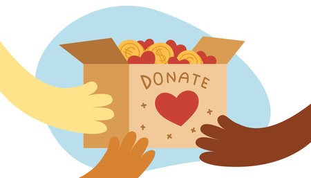 People are holding a donation box with coins and hearts. Hands holding a donation box. Donate by giving money. Modern vector illustration, flat design with gradient.のイラスト素材