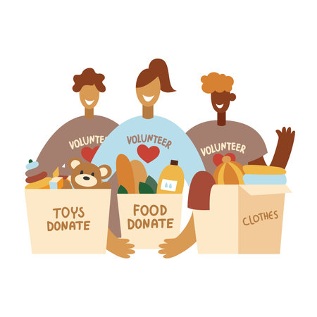 Volunteers men and women hold donation boxes with clothes, food and toys. The concept of charity and financial support. Flat cartoon vector illustration isolated.のイラスト素材
