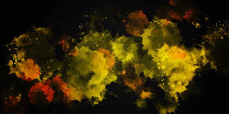 Abstract dark background. Watercolor splashes, drops. Yellow and orange tonesのイラスト素材