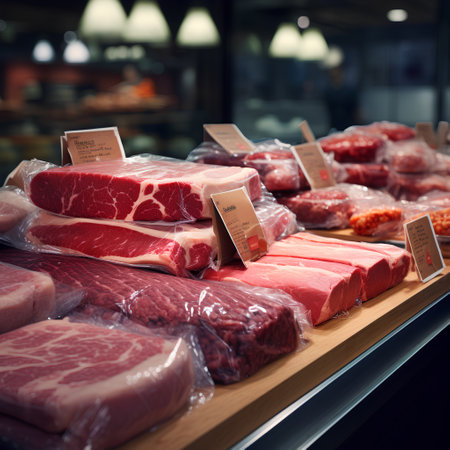 Packaging of fresh meat on the counter in a storeの素材