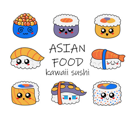 Hand drawn various kawaii sushi. Color vector set. Asian foodのイラスト素材