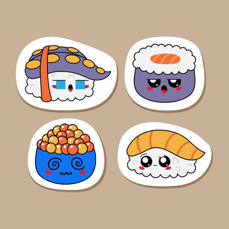 Hand drawn various kawaii sushi. Color vector set. Asian foodのイラスト素材