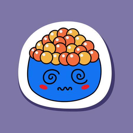 Kawaii sushi, rolls, sashimi - isolated single icon, sticker. Traditional Japanese or Asian food, decoration for social networks of a restaurant or bar, cute cartoon emojiのイラスト素材