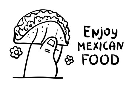 Hand drawn illustration mexican food. Hand holding tacos, hand lettering Enjoy mexican food on white background.のイラスト素材