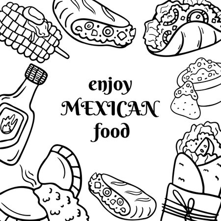Hand drawn Mexican cuisine dishes. Food coloring bookのイラスト素材
