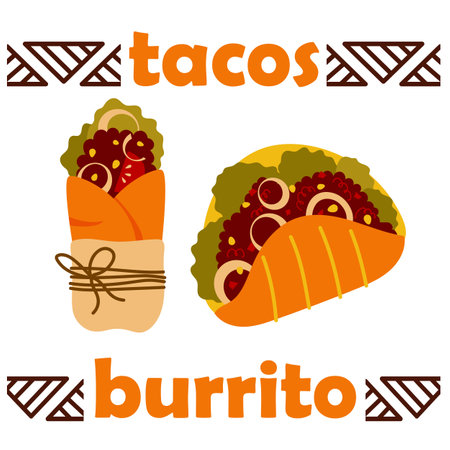 Tacos and burritos mexican food. Vector cartoon illustrationのイラスト素材