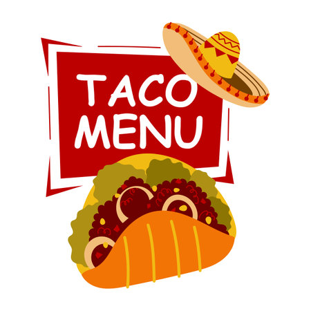 Mexican food taco menu on red background with sombrero. Mexican cuisineのイラスト素材
