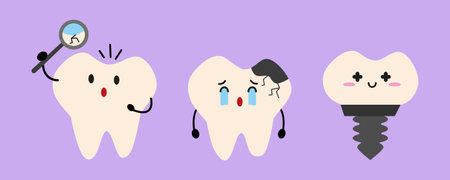 Cute dental Set with Tooth with Magnifying Glass and Crack, Sad Cavities Tooth and Tooth Implant. Children Cartoon Illustrationのイラスト素材