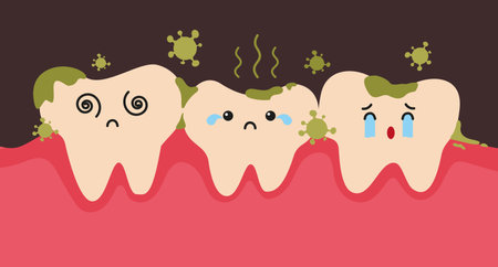 Dirty teeth cartoon character with food and bad breath in flat design. Smelly mouth concept vector illustration.のイラスト素材