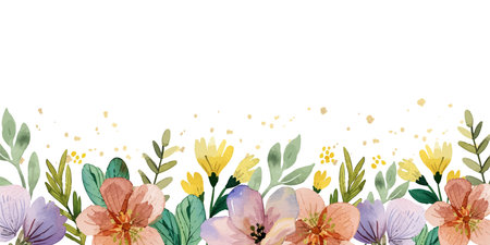 Floral Border Background with Wildflowers and Leaves Watercolorのイラスト素材