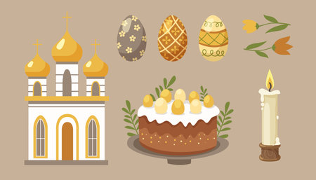 Easter elements set with decorated Easter eggs, Easter cake, church, burning candle in flat styleのイラスト素材