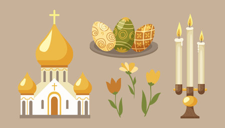 Easter elements set with church, decorated Easter eggs, burning candle, greenery flowers. Festive holiday vector illustrationのイラスト素材
