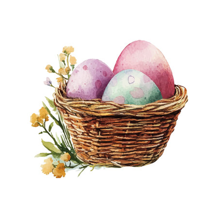 Easter Basket with Colorful Eggs and Flowers Hand Paintedのイラスト素材