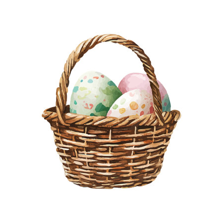 Vintage Watercolor Easter Basket with Festive Eggs. Festive holiday illustrationのイラスト素材
