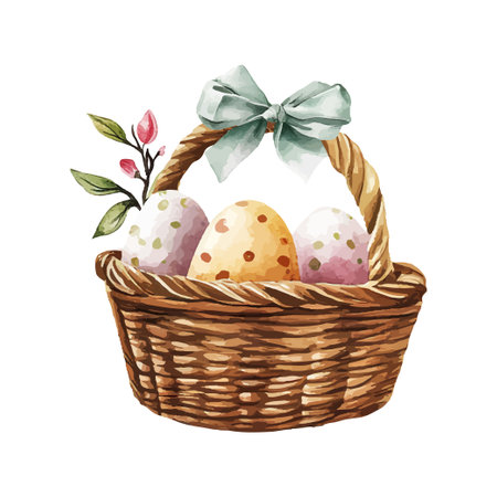 Watercolor Spring Easter Basket with Pastel Eggs and Floral Decorationのイラスト素材