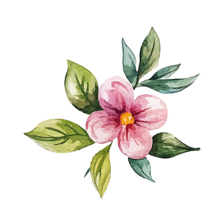 Watercolor Pink Flower with Green Leaves isolated on white backgroundのイラスト素材