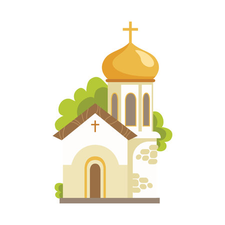 Orthodox Church Flat Vector Illustration with Greenery and Stone Detailsのイラスト素材