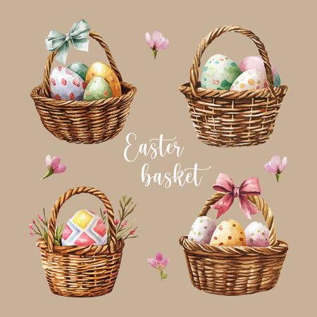 Set of Easter baskets with decorated eggs, flowers painted in watercolor. Holiday elements for poster, card, printのイラスト素材