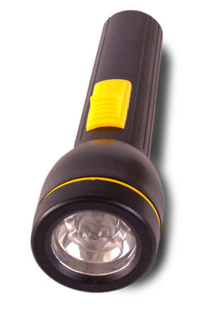Black plastic flashlight on white background