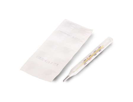 tablets and thermometer on white background