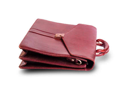 Brown leather bag for office on white backgroundの写真素材