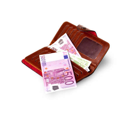 wallets and bank notes in EURO on the white background