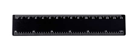 Black ruler isolated, inches, centimeters, millimeters, imperial and metric distance length units, cm and mm marks, detailed macro closeup, white numbers on plasticsの写真素材