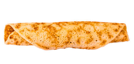 delicious pancakes rolled in a roll on white backgroundの写真素材