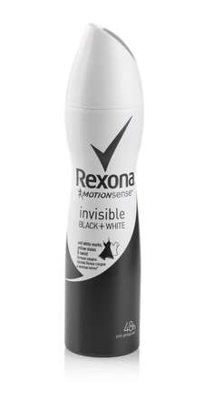 CHISINAU, MOLDOVA - Nov 18, 2016; Bottle of deodorant on white.The brand "Rexona" Dry Spray Deodorant , Berlin.のeditorial素材