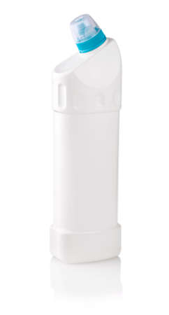 Photography of white plastic bottle with liquid laundry detergent, cleaning agent, bleach or fabric...