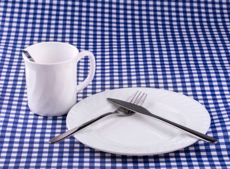 Empty Mug with spoon,  plate with a knife and fork on the tablecloth in a cage. View from above with...