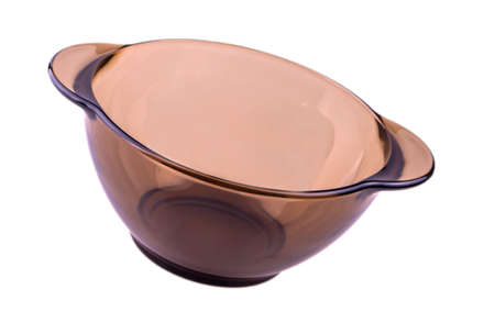 Glass plate on a white background transparent matte deep brown with two handles on each side dishes for soupの写真素材