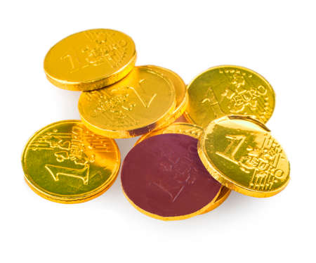 Chocolate coins of 1 euro isolated on white background