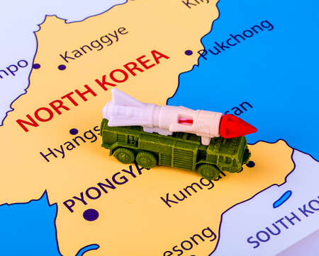 Map of North Korea with a military machine with an intercontinental missileの写真素材