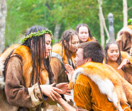 KAMCHATKA, RUSSIA - SEPTEMBER 09, 2017:  Aborigine of Kamchatka dancing on dance marathon. Feast of the Aborigines of Kamchatka "Alhalalay".のeditorial素材