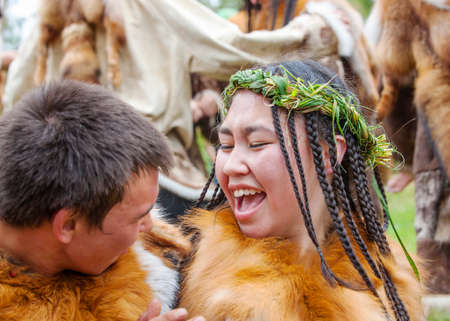 KAMCHATKA, RUSSIA - SEPTEMBER 09, 2017:  Aborigine of Kamchatka dancing on dance marathon. Feast of the Aborigines of Kamchatka "Alhalalay".のeditorial素材