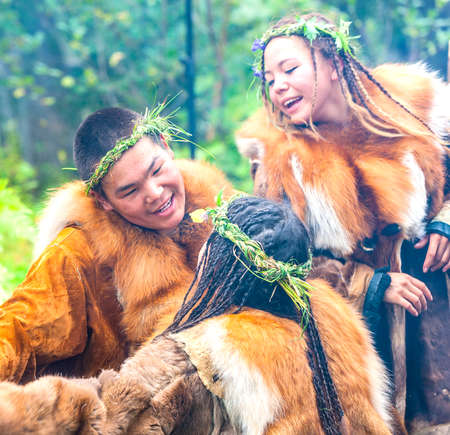 KAMCHATKA, RUSSIA - SEPTEMBER 09, 2017:  Aborigine of Kamchatka dancing on dance marathon. Feast of the Aborigines of Kamchatka "Alhalalay".のeditorial素材