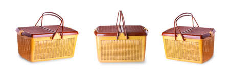 Hand craft plastic basket isolated whiteの写真素材