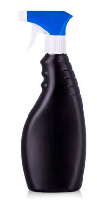 Black plastic bottles of cleaning products and flower. Isolated on white background の写真素材