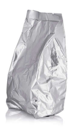 Silver foil zipper bag packaging on white backgroundの写真素材