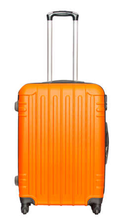 Orange suitcase isolated on white backgroundの写真素材