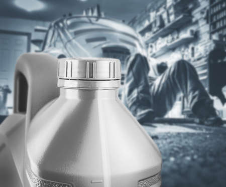 oil canister in the garage for automobile repair mechanicの写真素材