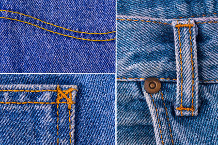 set of blue jeans texture fragment closeup backgroundの写真素材
