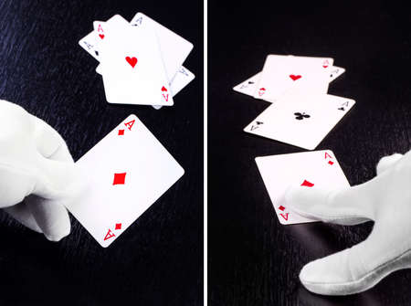 Set of closeup hand of the dealer in white gloves in a casino handing out cards on a dark background