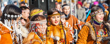 PETROPAVLOVSK, KAMCHATKA, RUSSIA - NOVEMBER 4, 2018: Folk ensemble performance in dress of indigenous people of Kamchatka. The holiday Northern aboriginal Koryak was Hololo.のeditorial素材